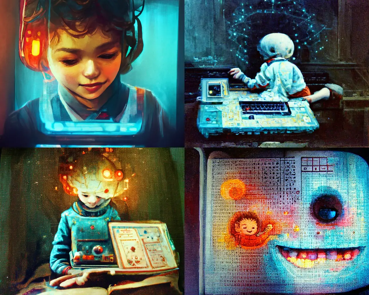 "A child playing with a computer that contains all the knowledge in the universe. The child is happy and warm." Image generated by Midjourney.com
