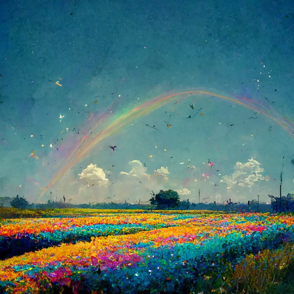 "Field of rainbow flowers basking in sunshine with a pretty blue bird flying above, everything sparkles." Image generated by Midjourney.com