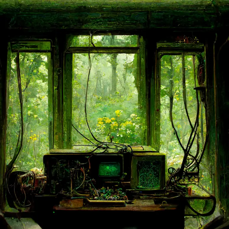 "An old computer in a cottage. through the window a green verdant forest blooms. the computer hums and hisses, vacuum tubes and wires. A cursor blinks with possibilities." Image generated by Midjourney.com