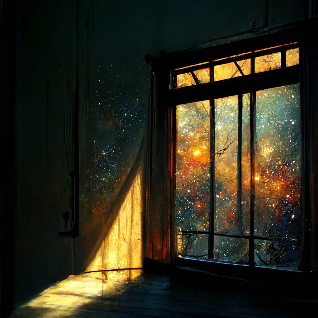 "Through a window, a small box contains the planets and galaxies. Electric wires hum quietly along wooden sunlight" Image generated by Midjourney.com
